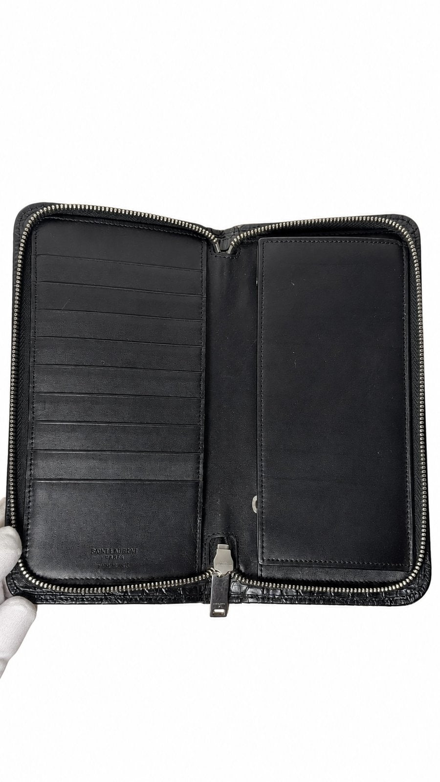 Portefeuille Saint Laurent zippé, cuir façon croco