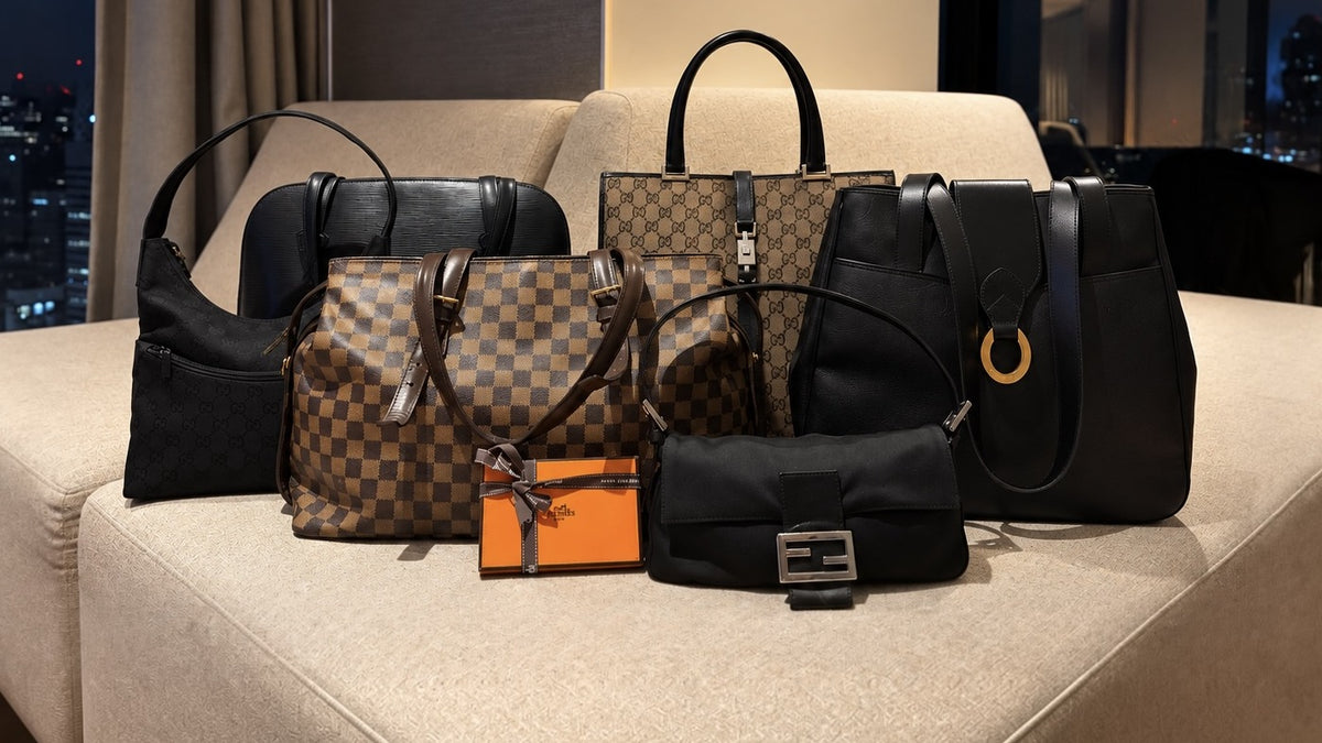 Huit sacs de luxe de seconde main alignés sur un canapé, devant les lumières de Tokyo la nuit
